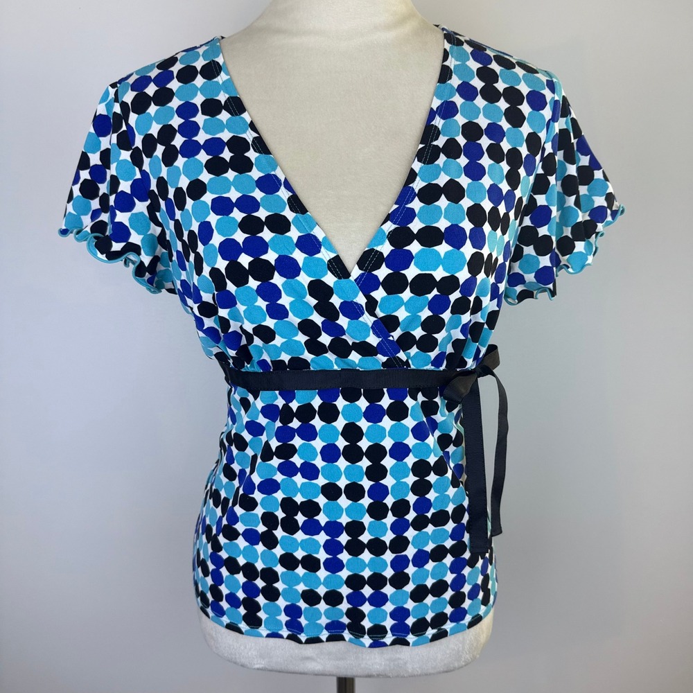 Y2K Cato Blue Blk Geometric Polka Dot Empire Waist Side Tie Blouse Cute Sz Small